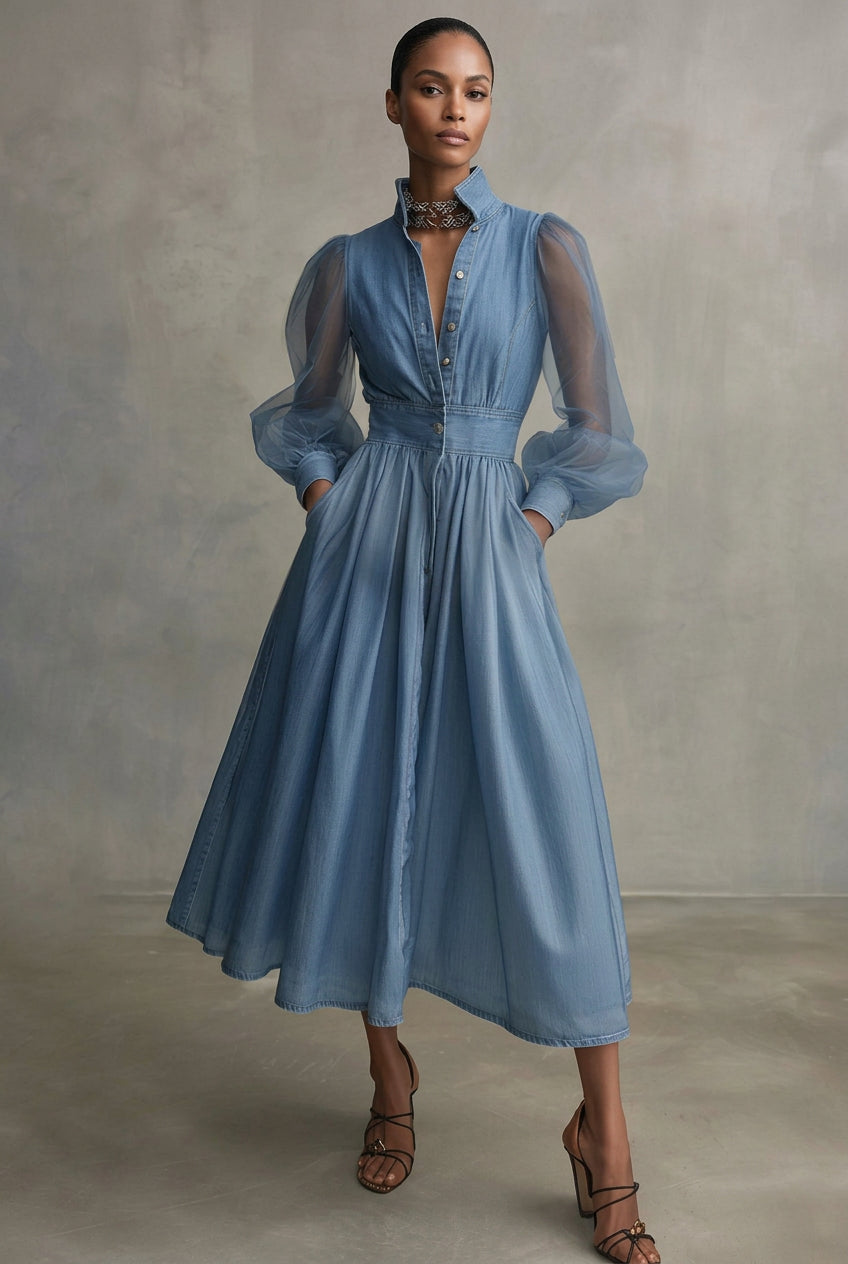 Classy Light Blue Denim Midi Shirt Dress with Sheer Puff Sleeves