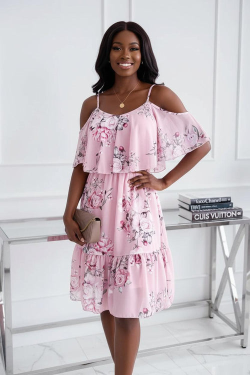 Bohemian Floral Cold Shoulder Dress – Sleeveless Chiffon A-Line Summer Dress B Bazaare Mart Floral Cold-shoulder Dress