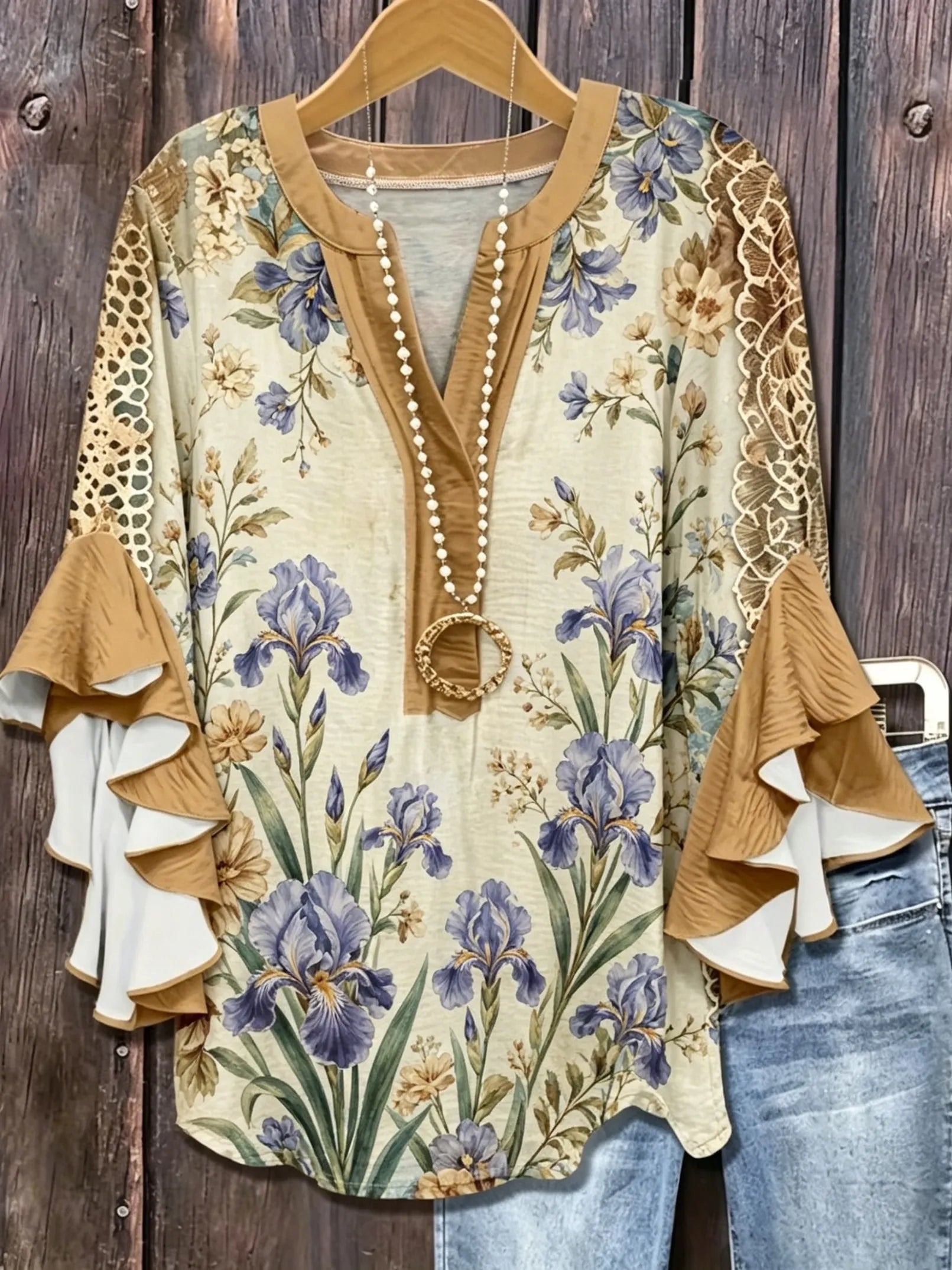 Women's Vintage Floral Lace Ruffle Sleeve Blouse | Elegant V-Neck Top HCHLF20261316L Bazaare Mart Ruffle Sleeve Blouse