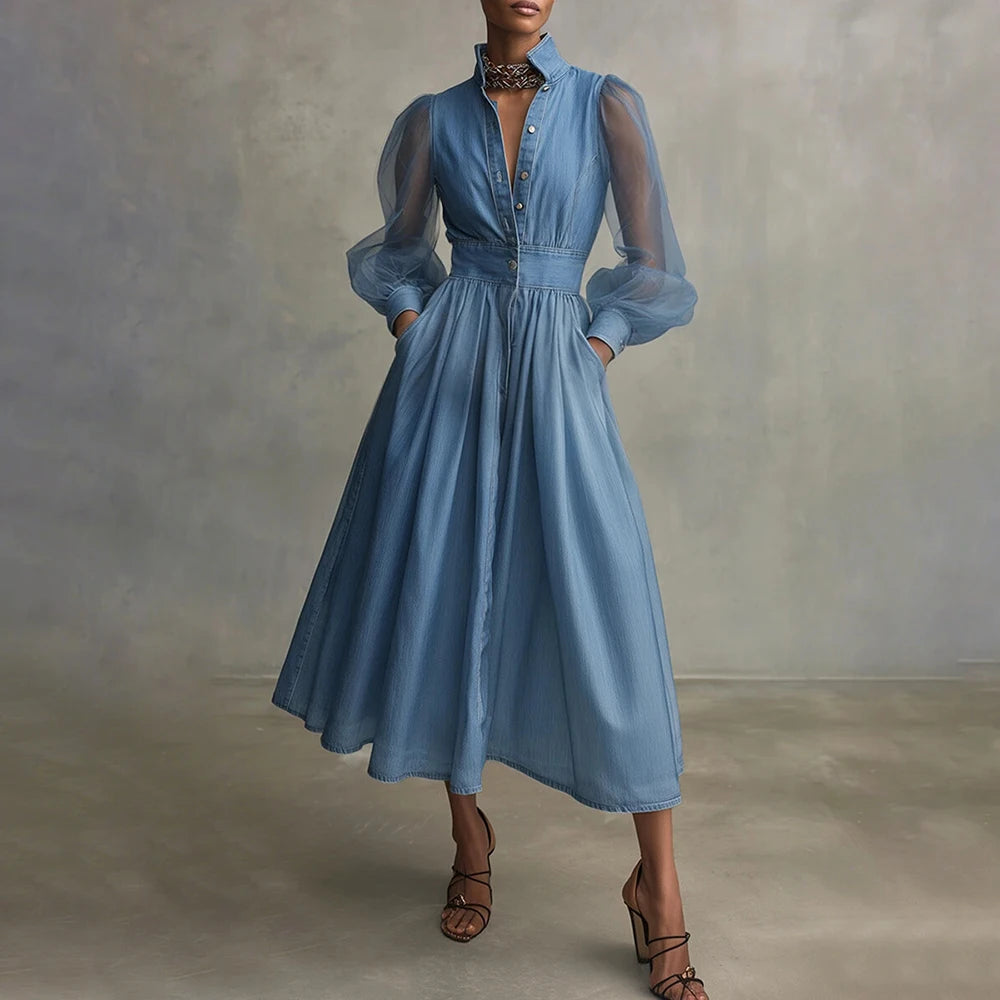 Classy Light Blue Denim Midi Shirt Dress with Sheer Puff Sleeves