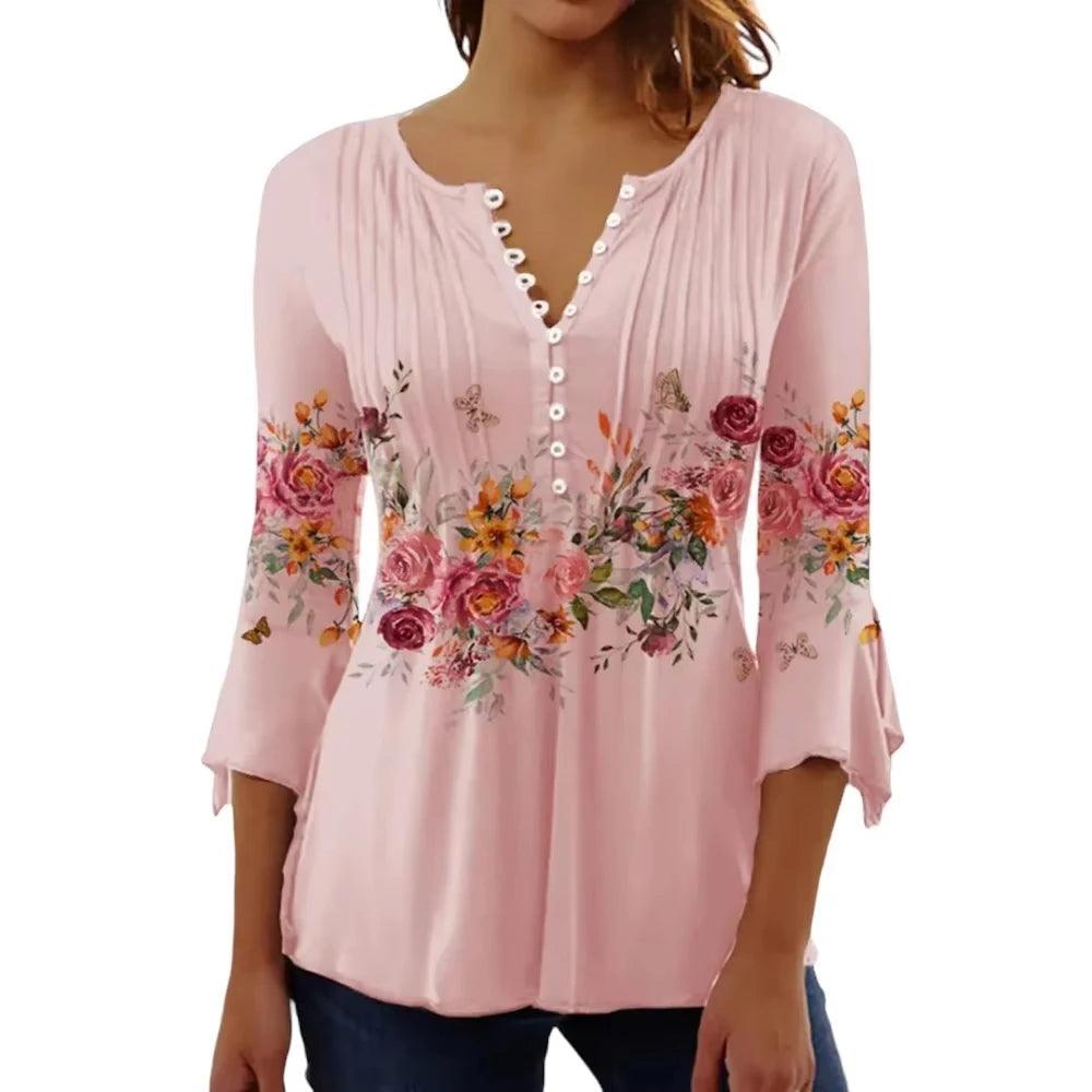 Women's Floral Print V-Neck Blouse – 3/4 Flutter Sleeve Button Front Office & Casual Top Pink Bazaare Mart Floral Blouse