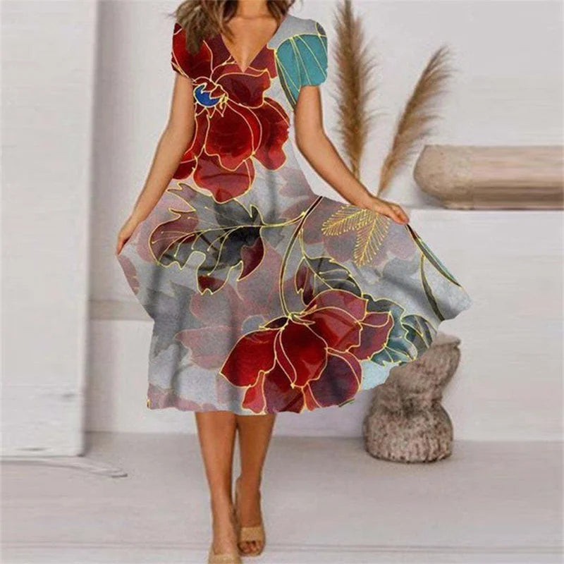 Fashion Flower Print V Neck Short Sleeve Dress Trend Streetwear Ladies Summer Vacation Casual Commuter Dressy Women Big Hem Gown Bazaare Mart