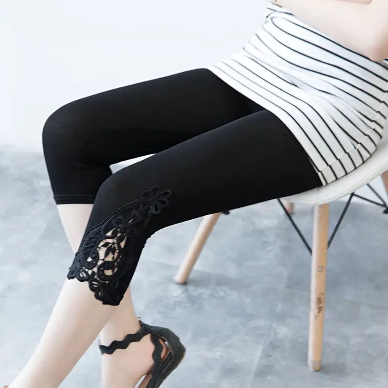 Women's Lace Trim Capri Leggings – High Waist Stretch 3/4 Length Cropped Leggings Black Bazaare Mart Capris Leggings