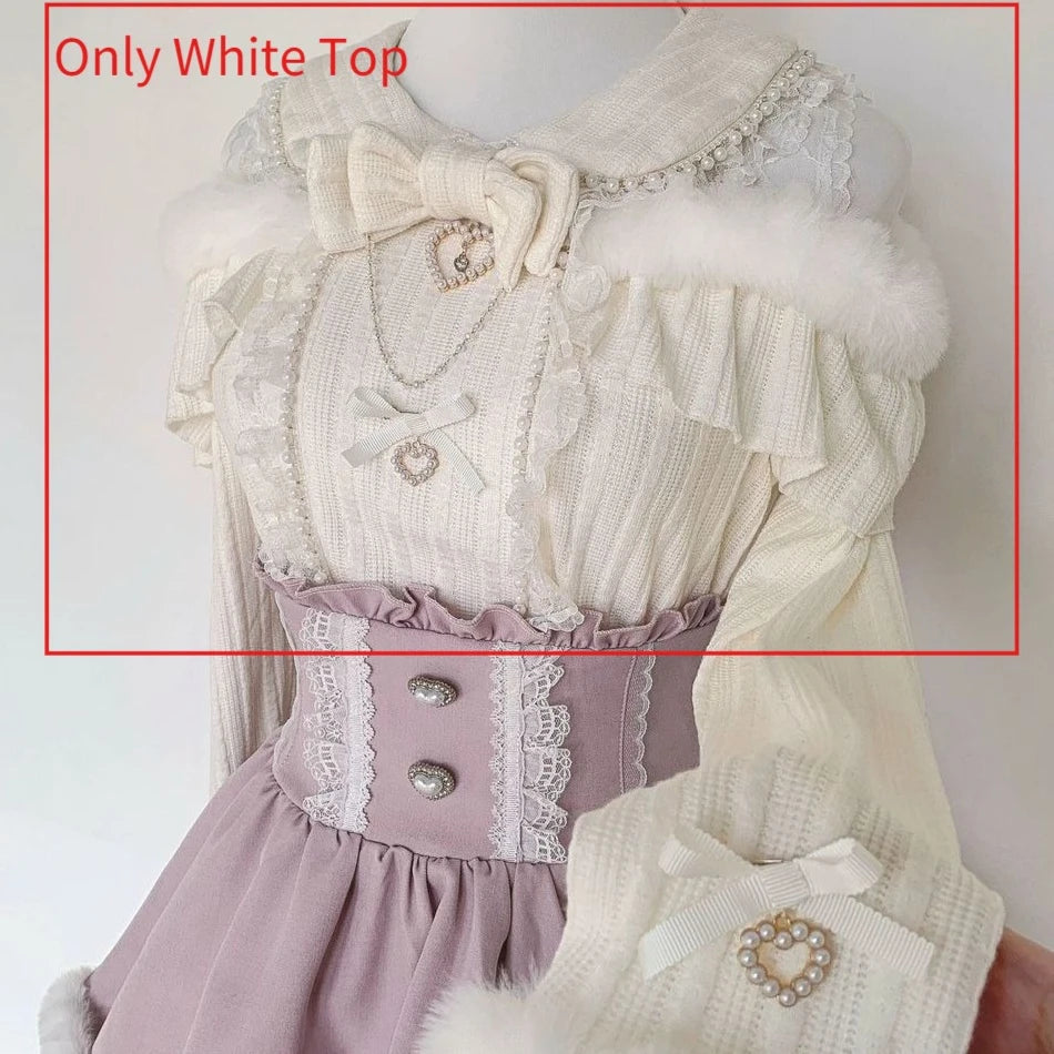Jirai Kei Layered Skirt Outfit Lolita Y2K Pink Lace Pearl Long Sleeve Top Women Sweet Kawaii High Waist Japanese Style Xmas Set Only White Top Bazaare Mart