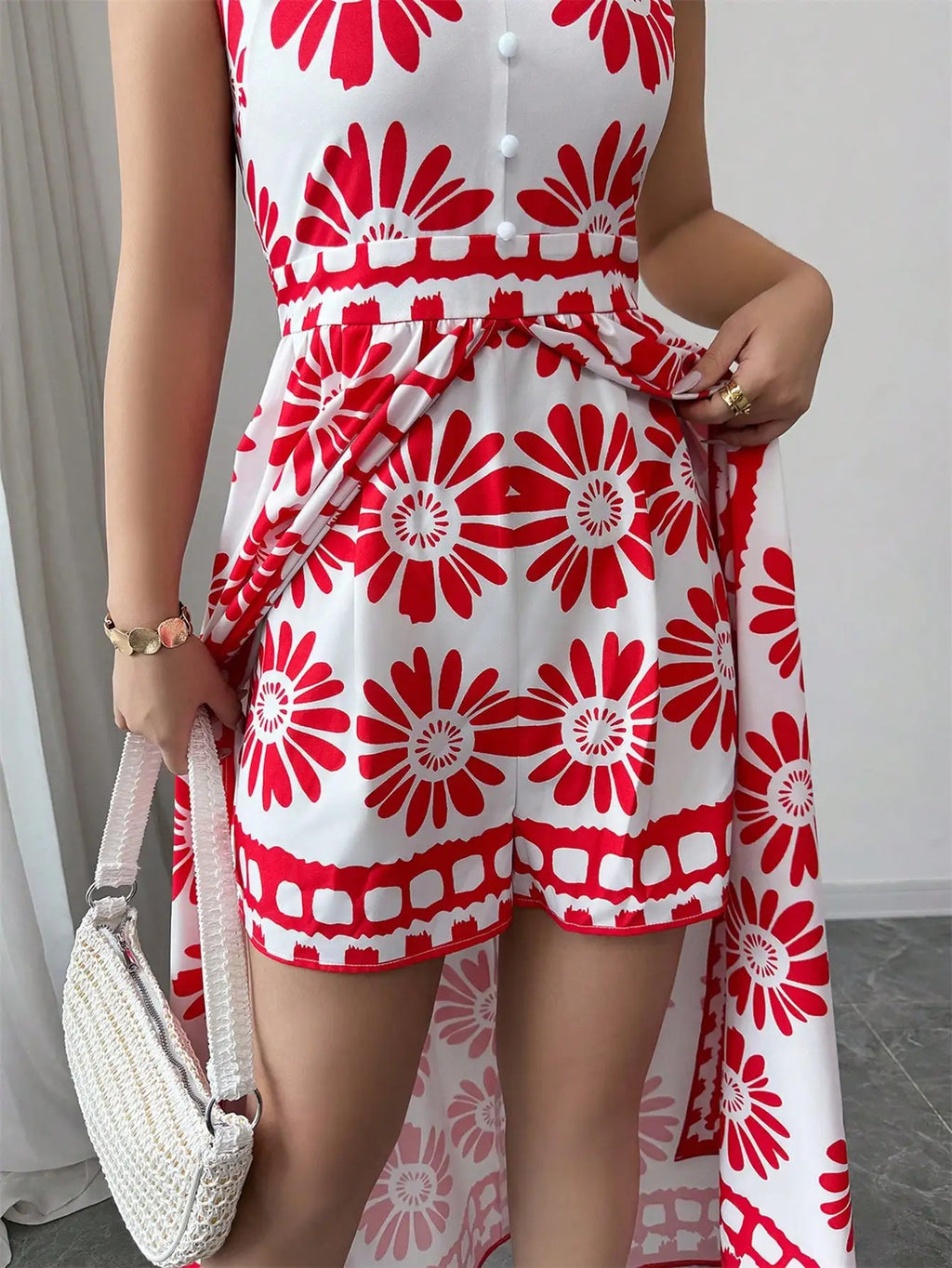 Boho Daisy Print 2-in-1 Jumpsuit – Sleeveless Maxi Overlay Vacation Romper