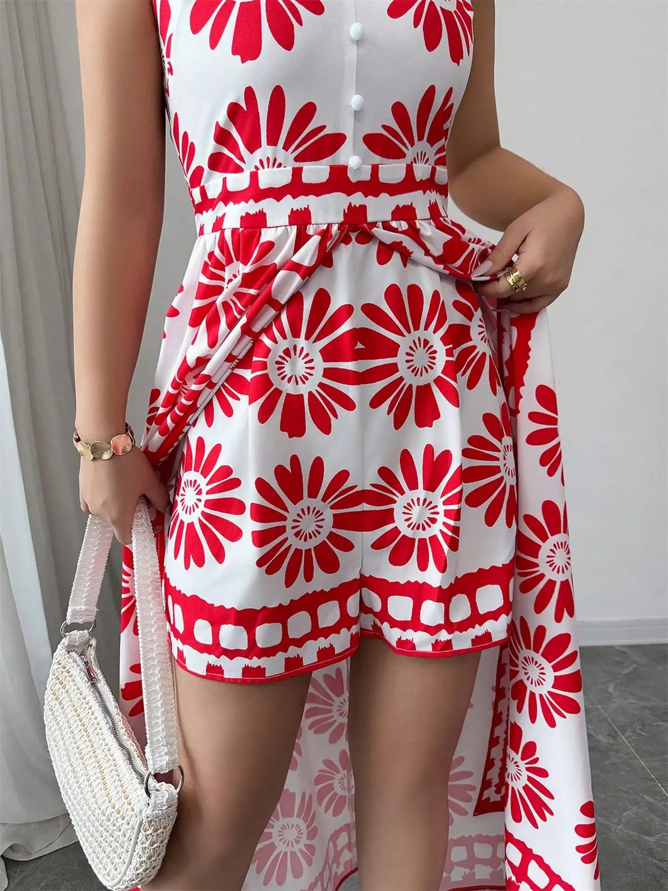 Boho Daisy Print 2-in-1 Jumpsuit – Sleeveless Maxi Overlay Vacation Romper