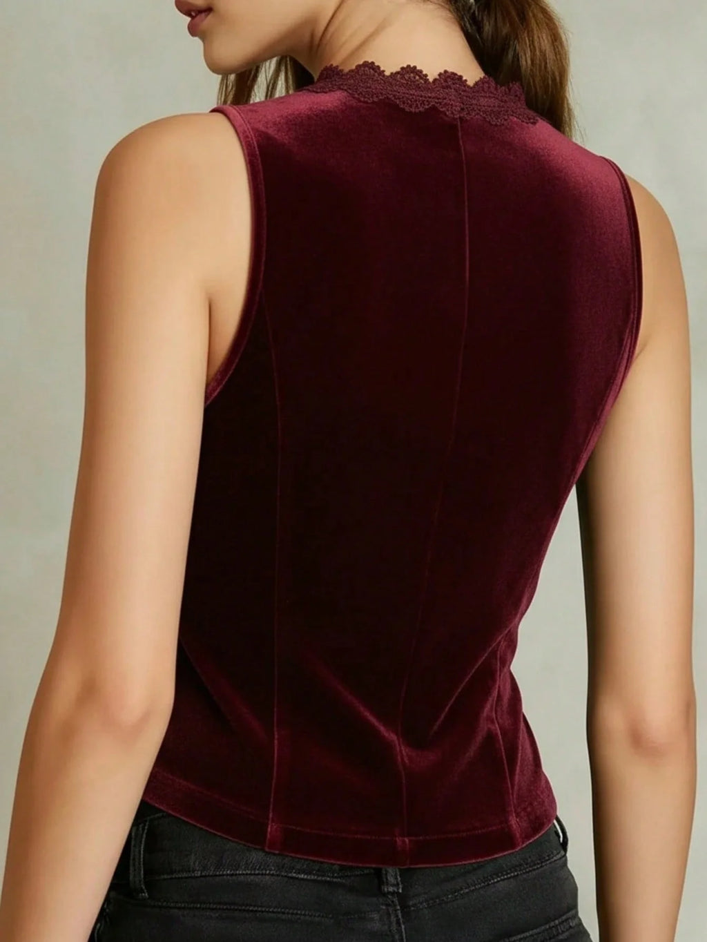 Women's V-Neck Velvet Vest with Lace Trim and Button Design