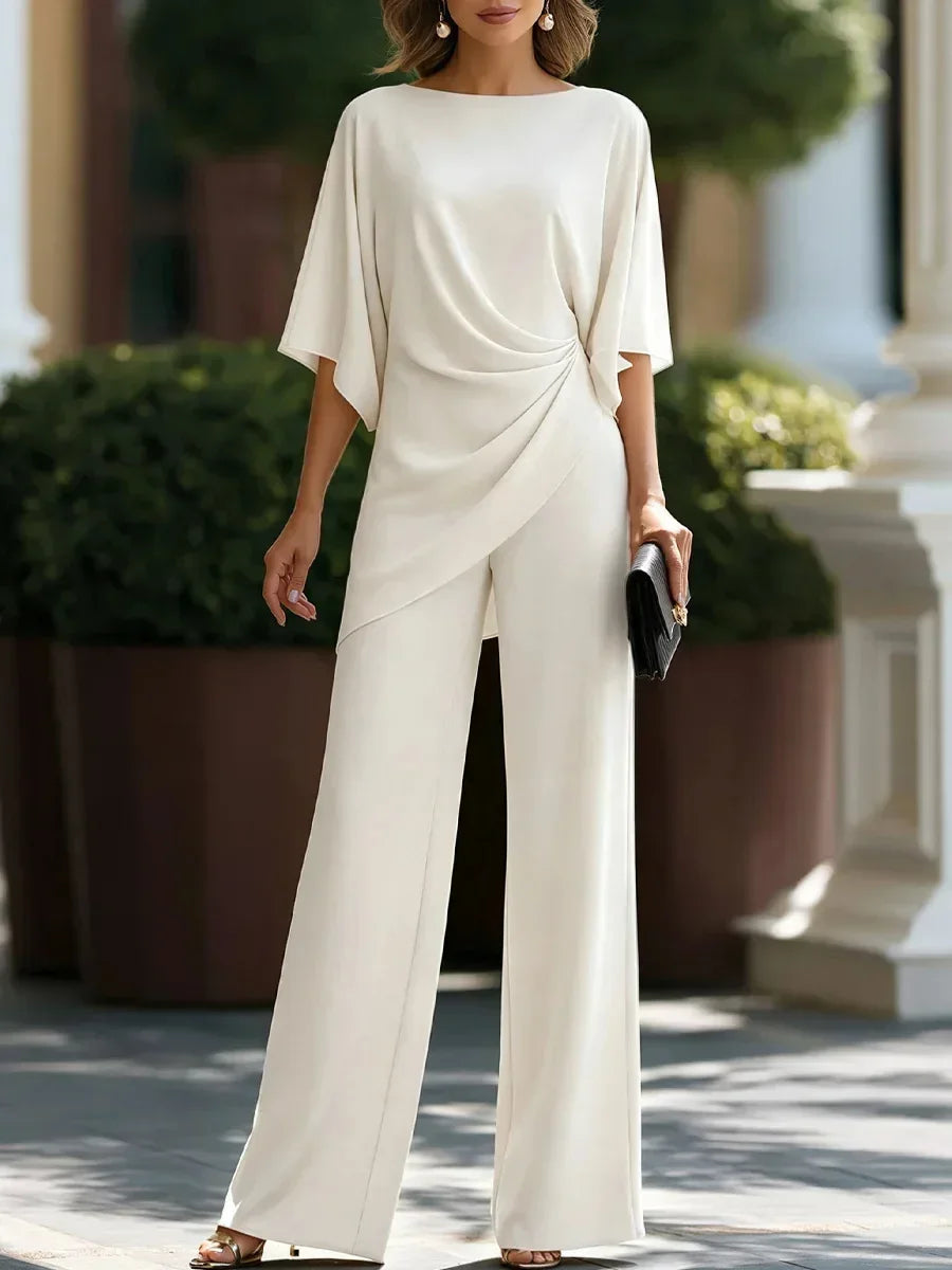 Draped Two-Piece Pants Set with Cape Sleeves and Wide-Leg Pants