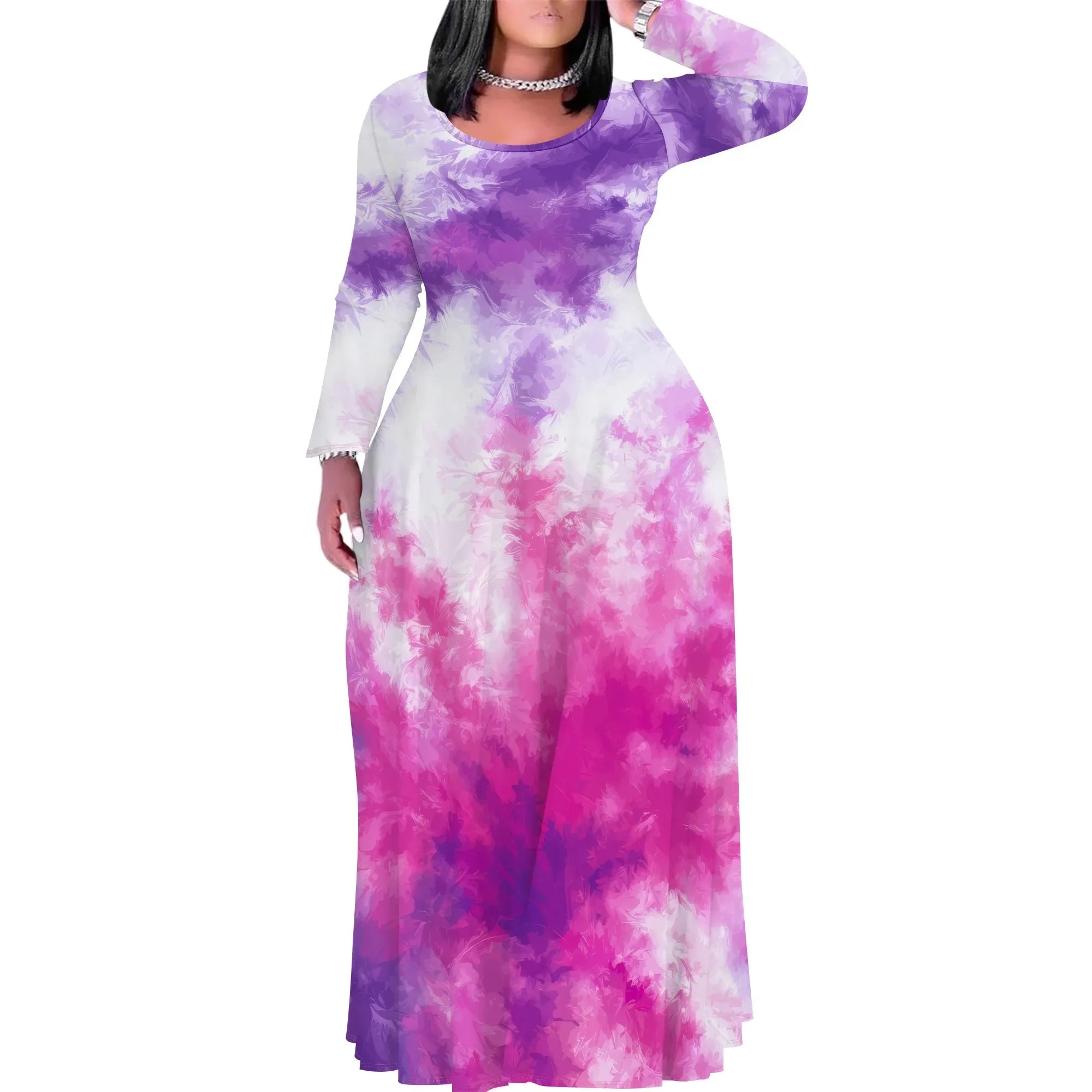 Tie Dye Print Scoop Neck Long Sleeve Maxi Dress Pattern-3 CHINA Bazaare Mart Tie Dye Print Scoop Neck Long Sleeve Maxi Dress