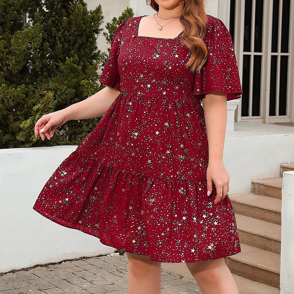 Square Neck Celestial Short Flutter Sleeve Knee-Length Dress