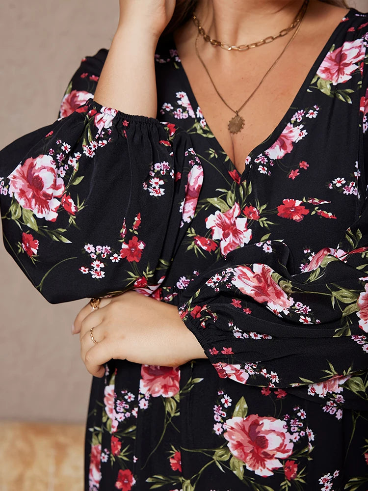 Elegant Black Floral V-Neck Long Sleeve Midi Dress Bazaare Mart Elegant Black Floral V-Neck Long Sleeve Midi Dress