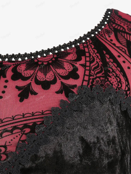 Black Velvet Red Paisley Lace Trim Long Flare Sleeve Top Bazaare Mart Red & Black Gothic Blouse