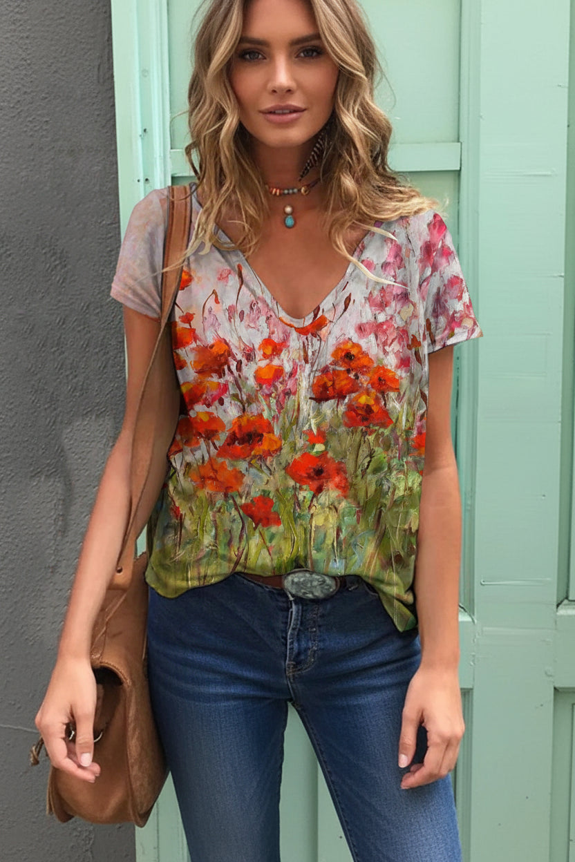 Floral Print V-Neck T-Shirts VTF66D20232915S Bazaare Mart Floral V-Neck Tee