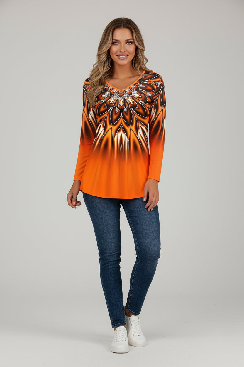 Vibrant Long Sleeve V-Neck T-Shirt CAZHK202426122 Bazaare Mart Long Sleeve Printed Top