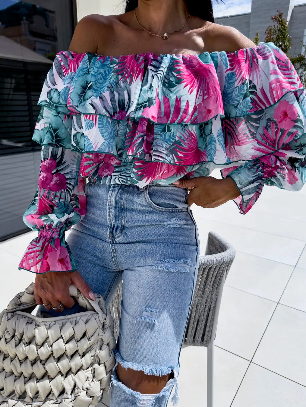 Women Off Shoulder Ruffle Blouse Long Sleeve Floral Print Sheer Chiffon Top Tiered Layered Design Fashion Casual Summer Blouse Bazaare Mart