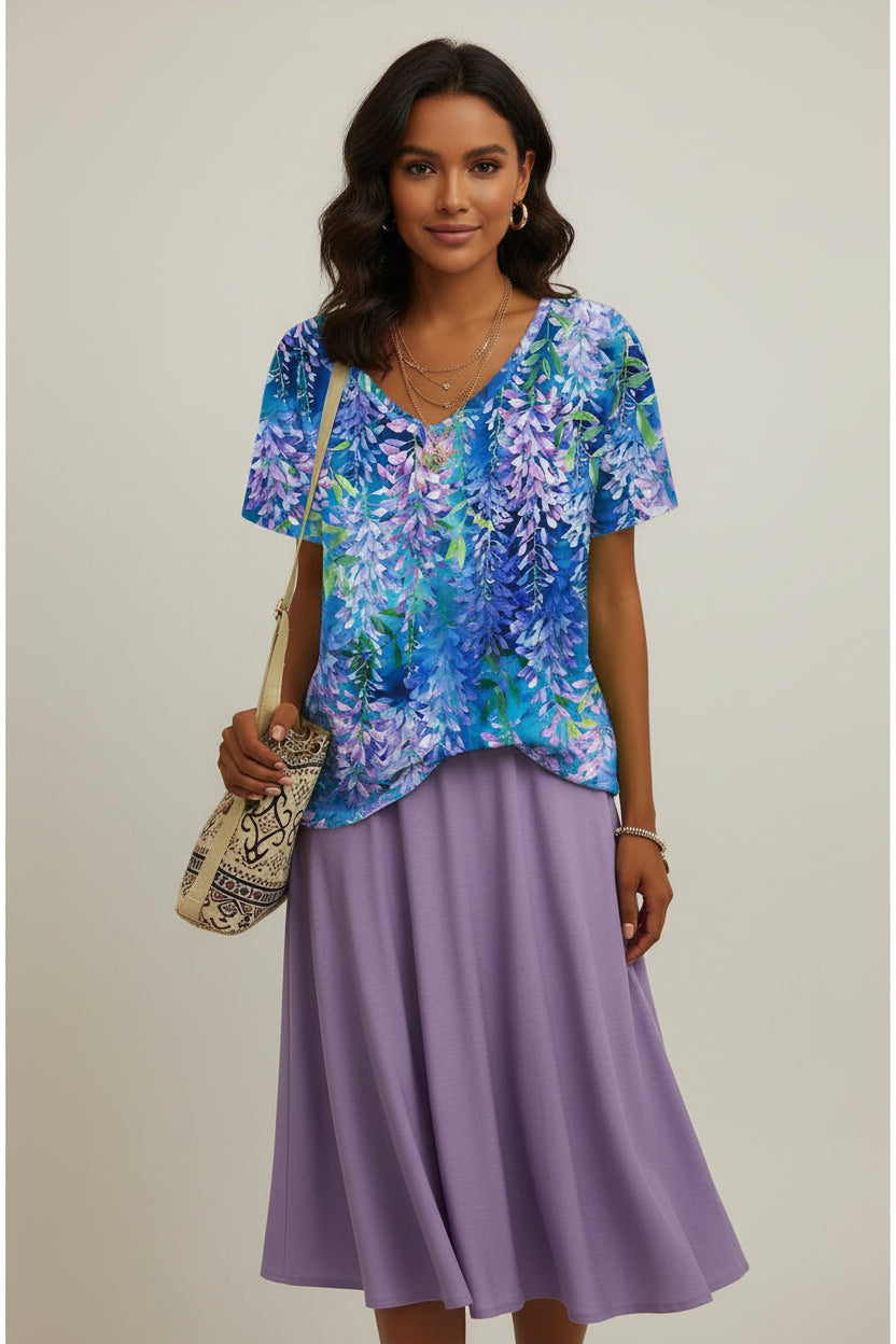 Floral Short Sleeve V Neck Tees