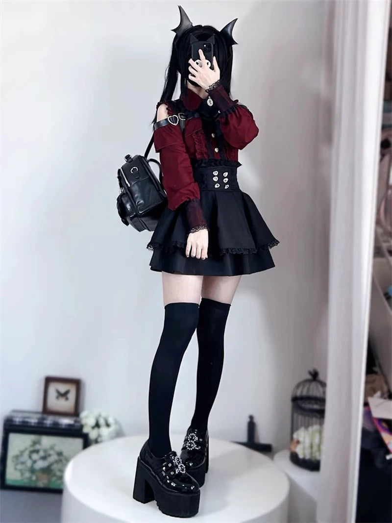 Jirai kei Shirt JK Skirt Japanese Style Lolita Y2K Sweet School Uniform Blouse Top Dress Darkness Outfit Women Girls Theme Party Bazaare Mart