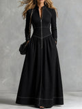 Contrast Stitching Maxi Dress Stand Collar Long Sleeve High Waist Maxi Dress