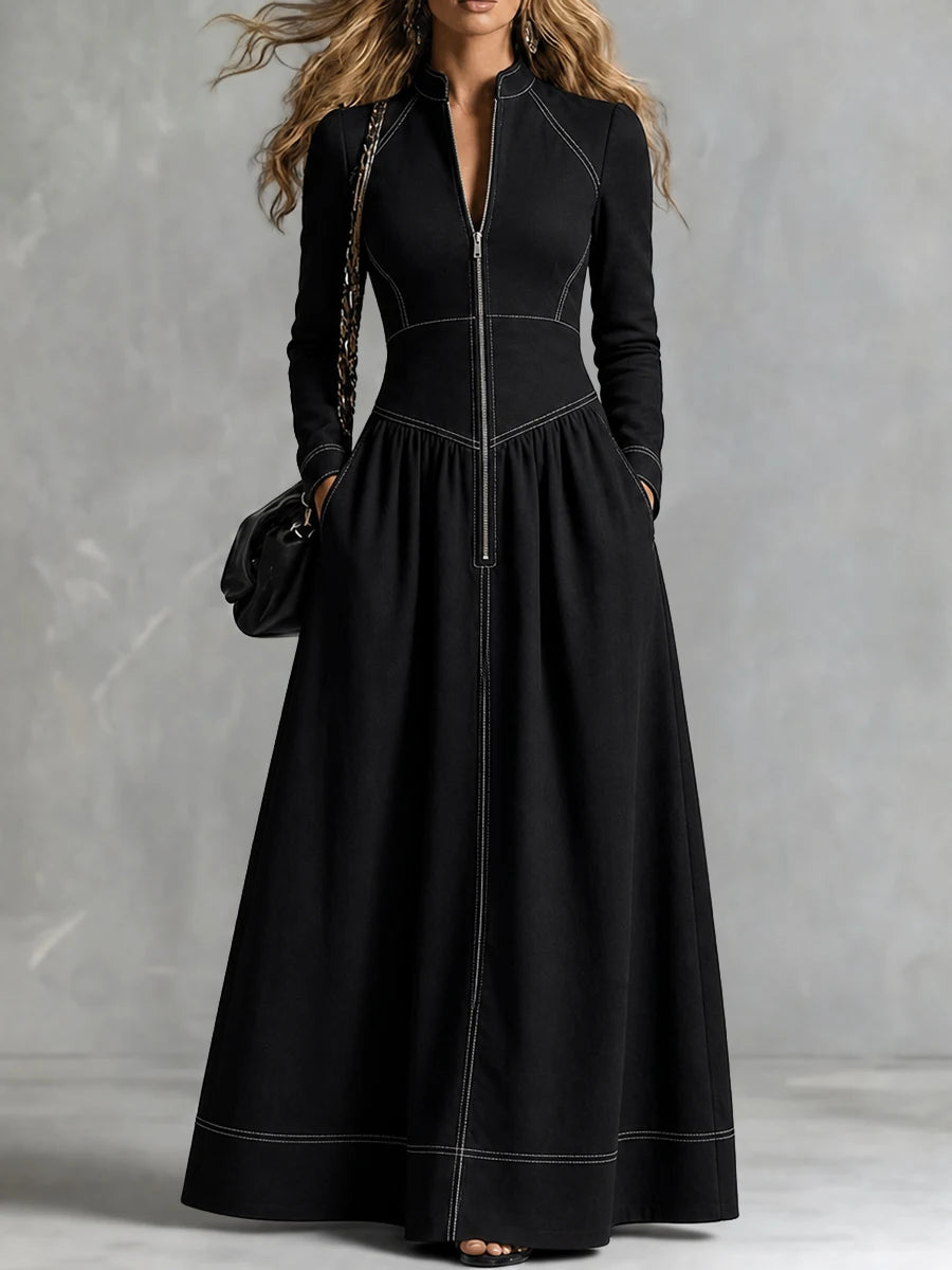 Contrast Stitching Maxi Dress Stand Collar Long Sleeve High Waist Maxi Dress