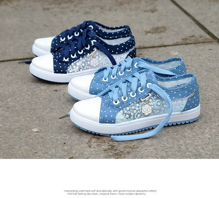 Unique Hollow Mesh Polka Dot Denim Sneakers