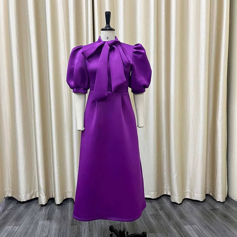 Elegant Solid Color Bow Short Puff Sleeve Full Skirt Midi Dress