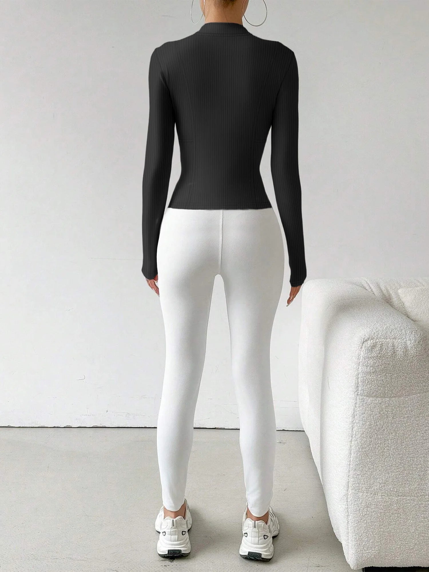 Ribbed Knit Zip-Up Crop Active Fit Jacket with Stand Collar