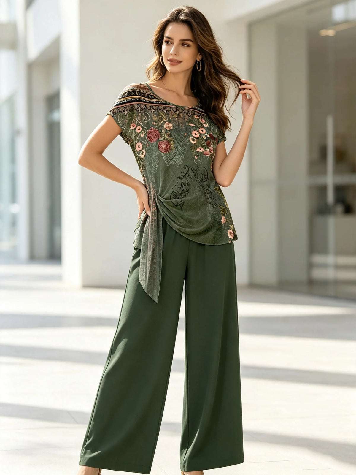 Dark Green Floral Print Twisted Top & Solid Wide Leg Pants Set