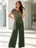 Dark Green Floral Print Twisted Top & Solid Wide Leg Pants Set