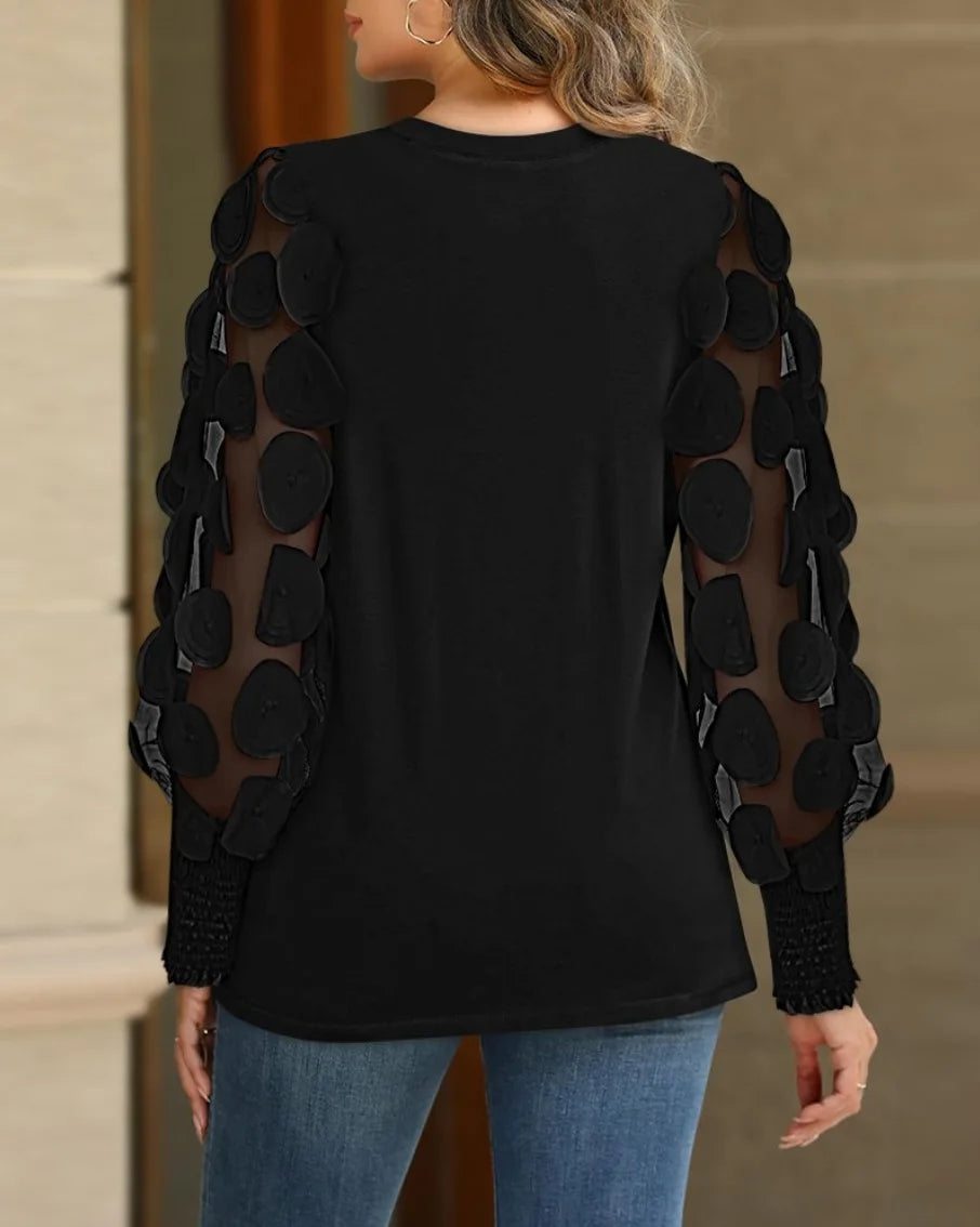 Women's Pleated Blouse with 3D Floral Mesh Sleeve