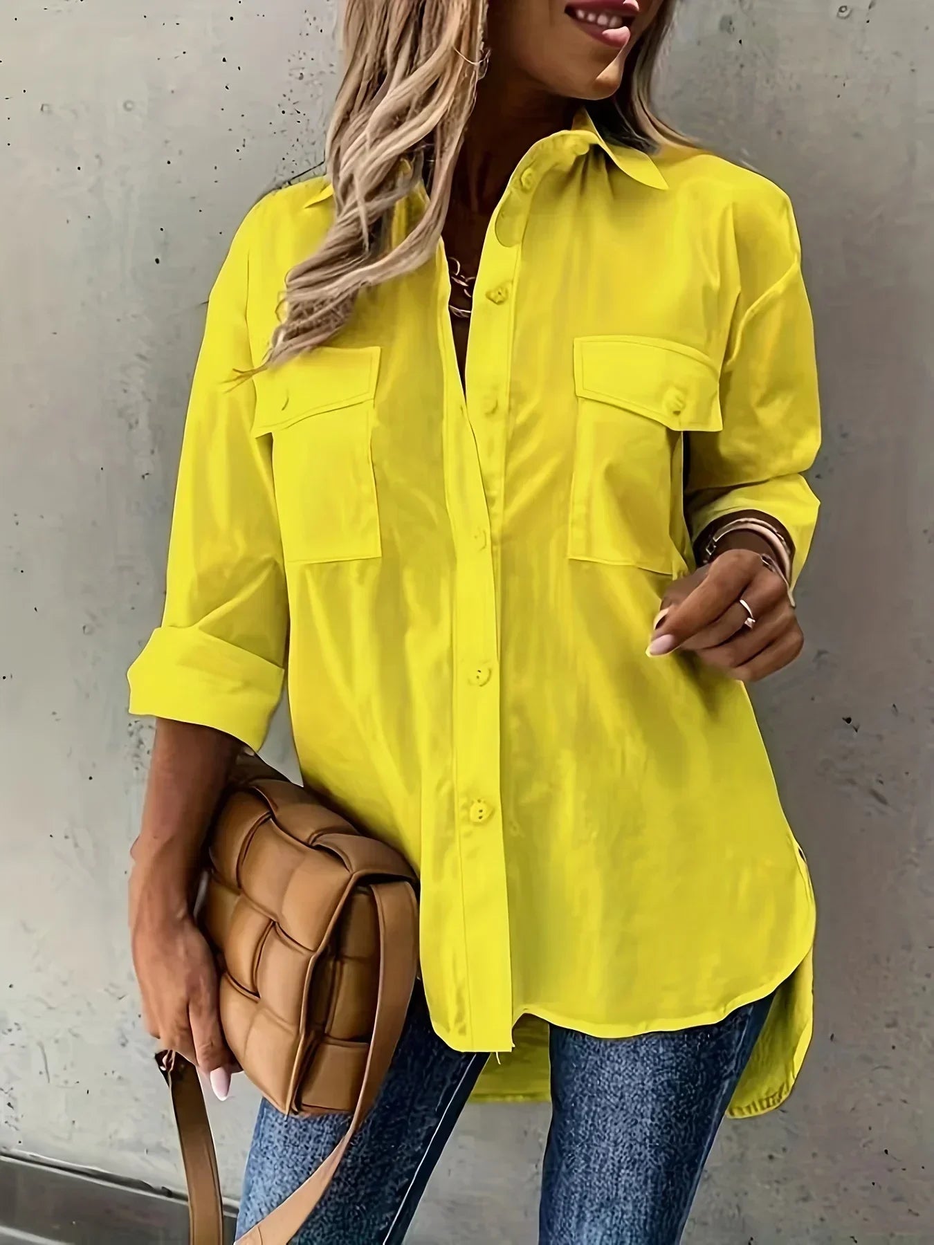 Solid Color Long Rolled Sleeve Button Up Shirt