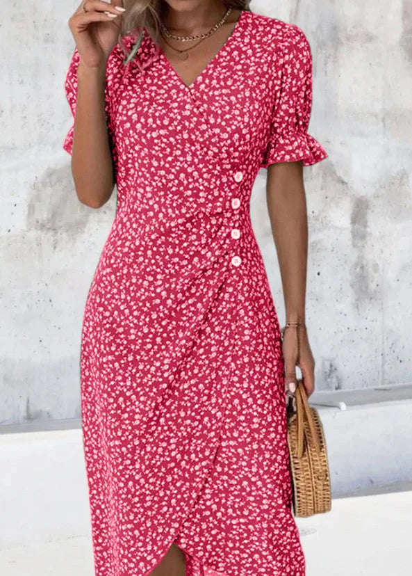 Elegant Printed Puff Sleeve V-neck Wrap Dress