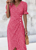 Elegant Printed Puff Sleeve V-neck Wrap Dress Rose Floral Bazaare Mart Short Puff Sleeve Wrap Dress