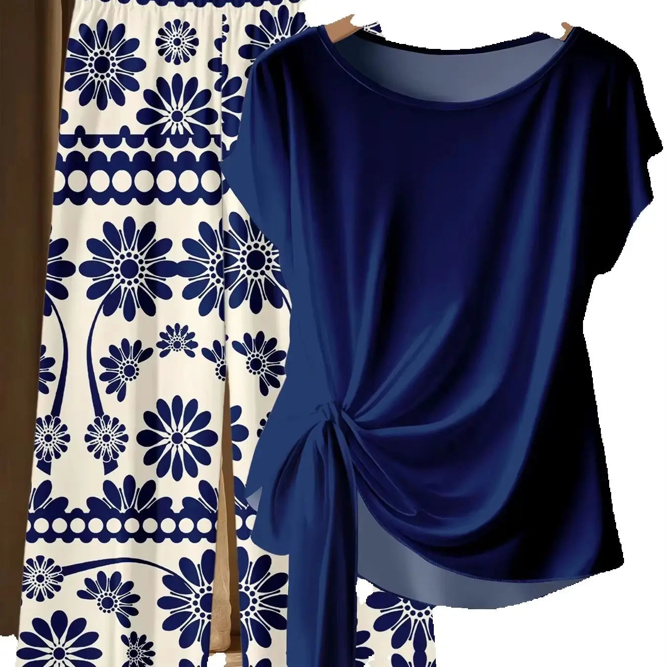 Plus Size Navy Side-Tie Top & Blue Floral Wide-Leg Pants 2-Piece Set – Casual Summer Outfit Bazaare Mart 2pc Pants Set