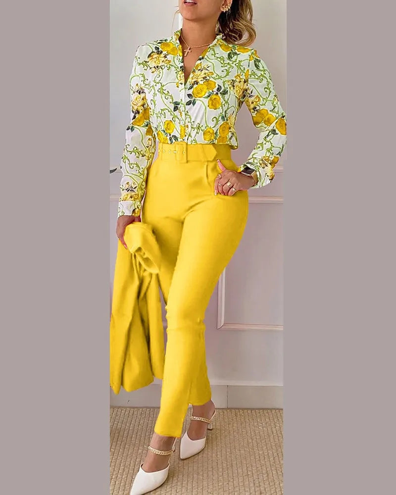 Print Long Sleeve Shirt Matching Pants Sets With Belt