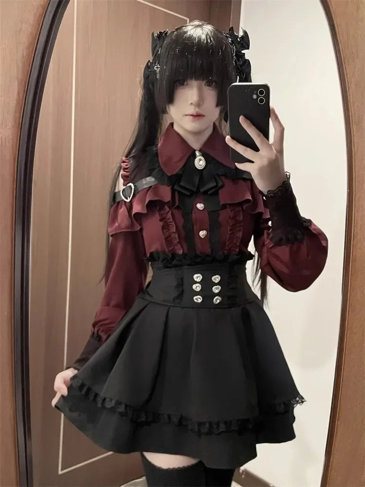 Dark Sweet Heart Ground Type Lolita Set, Ruffle Sleeve Top & A-line Skirt, Cute Kawaii Japanese Style Gothic Coord Outfit S-XL Bazaare Mart