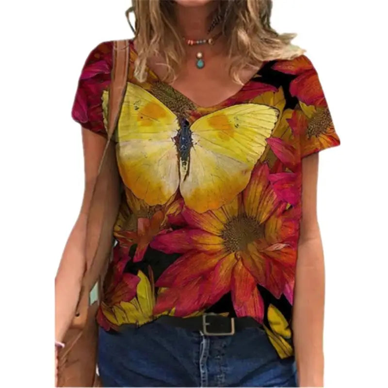 Women's Floral 3D Print V-Neck T-Shirt