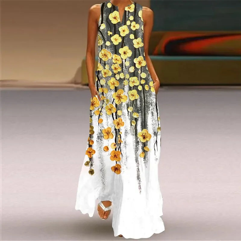 Women's Sleeveless Floral Maxi Dress with Pockets – Casual V-Neck Summer Beach Dress Cascading Yellow Flowers China Mainland Bazaare Mart Floral Maxi Dresses
