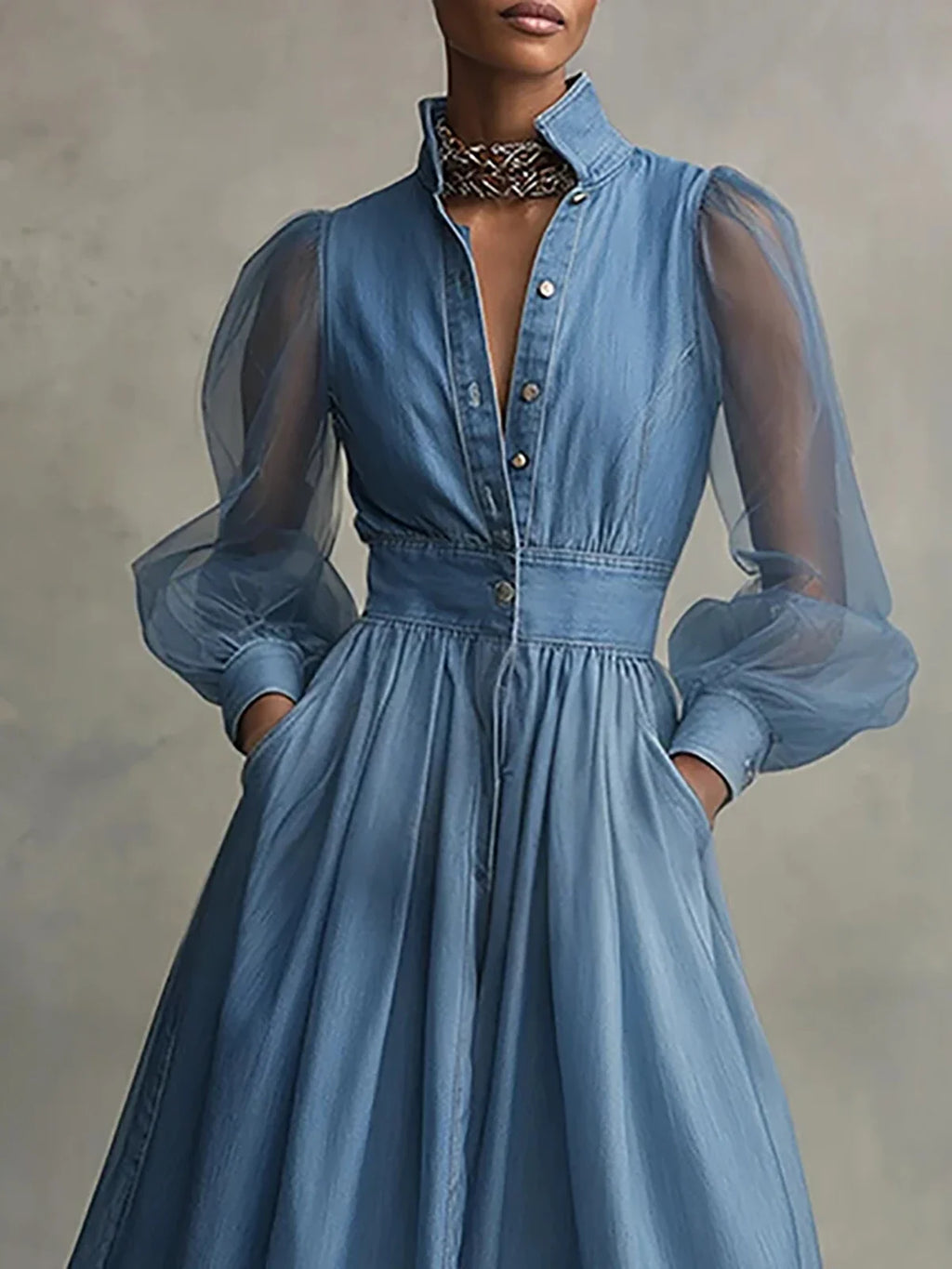 Classy Light Blue Denim Midi Shirt Dress with Sheer Puff Sleeves