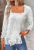 U Collar Long Sleeve Lace Loose T-shirts Summer Women Lace Patchwork Hollow Out Baggy Tee Shirt Tops MYH-myh221 White Bazaare Mart