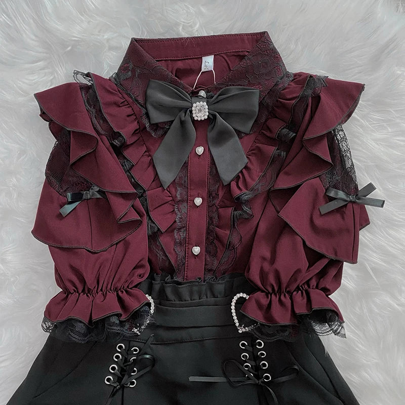 Women's Kawaii Lolita Blouse – Japanese-Inspired Peter Pan Collar Shirt with Lace & Bow Details Bazaare Mart Blouse