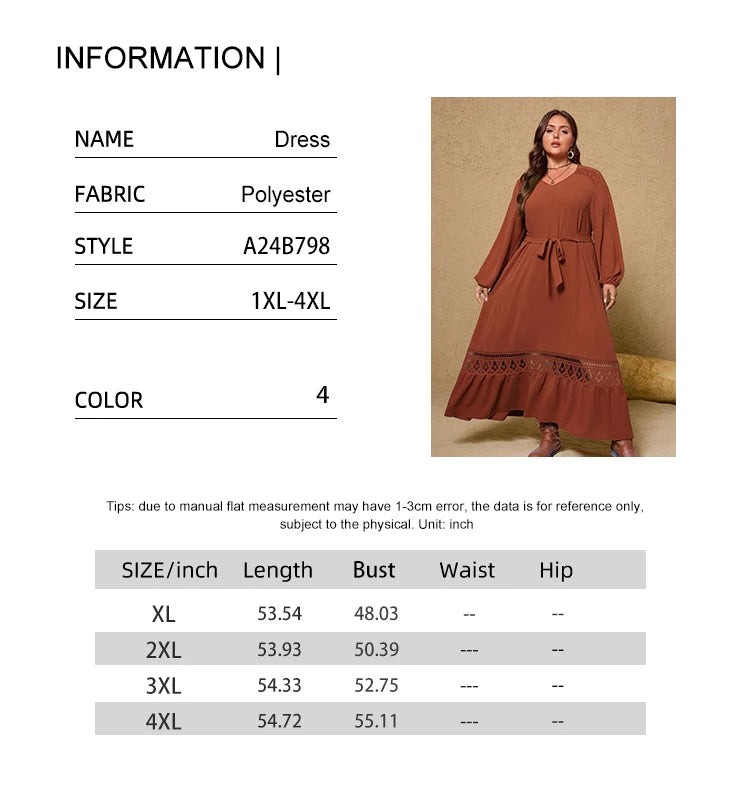 Brown V-neck Long Puff Sleeve Hollow Lace Sash Tie Maxi Dress Bazaare Mart Long Sleeve Sash Tie Maxi Dress