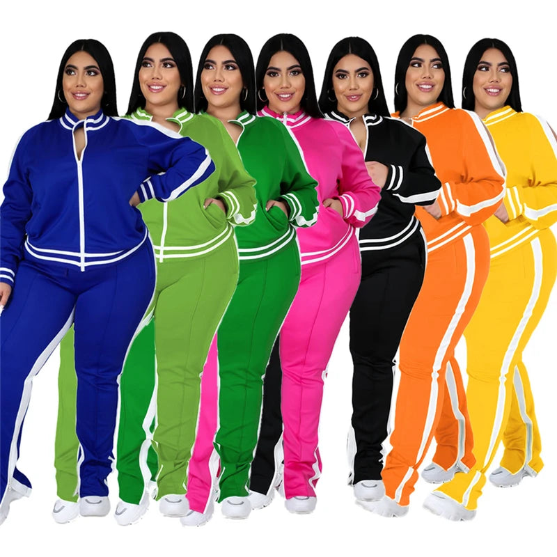 Plus Size Fluorescent Striped Cold Shoulder Tracksuit