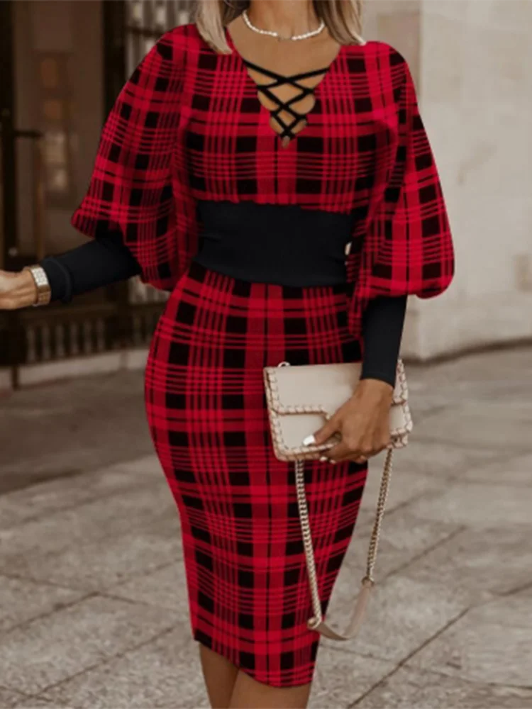 CM.YAYA Elegent Women Plaid Lace Up V-neck Lantern Long Sleeve Bodycon Midi Dress Sexy Party Club Party Dresses Vestidos