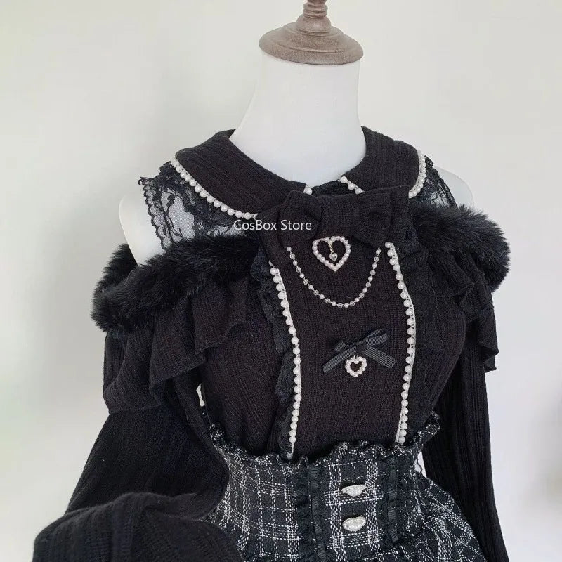 Jirai Kei Layered Skirt Outfit Lolita Y2K Pink Lace Pearl Long Sleeve Top Women Sweet Kawaii High Waist Japanese Style Xmas Set Bazaare Mart