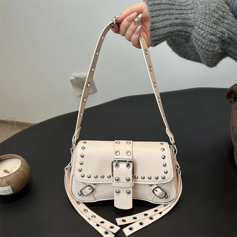 Studded Baguette Shoulder Bag – Faux Leather Punk Rock Shoulder Purse with Buckle & Rivet Details Bazaare Mart Shoulder Purse