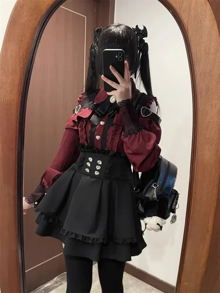 Dark Sweet Heart Ground Type Lolita Set, Ruffle Sleeve Top & A-line Skirt, Cute Kawaii Japanese Style Gothic Coord Outfit S-XL Bazaare Mart