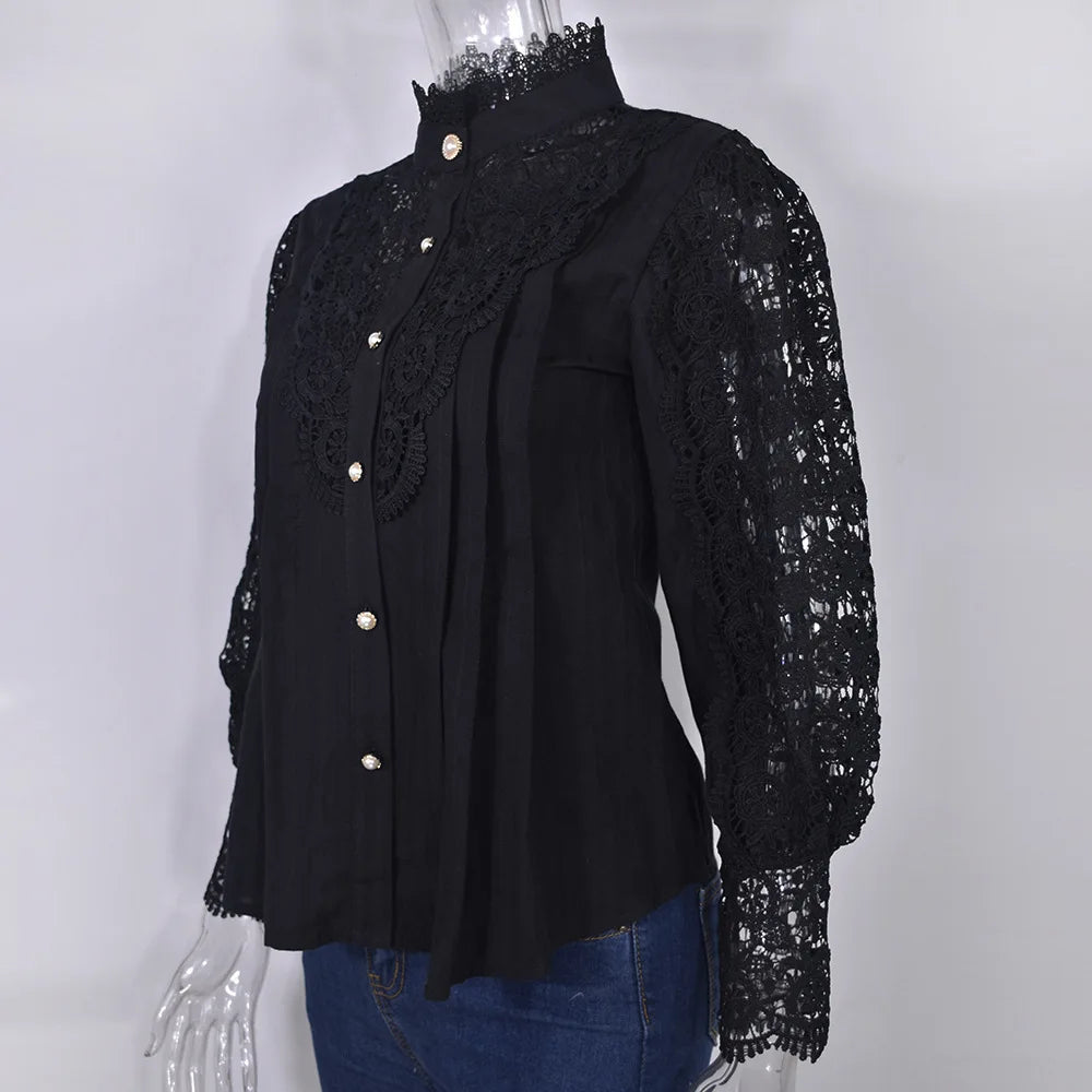 Vintage Lace Long Sleeve Pearl Button Blouse