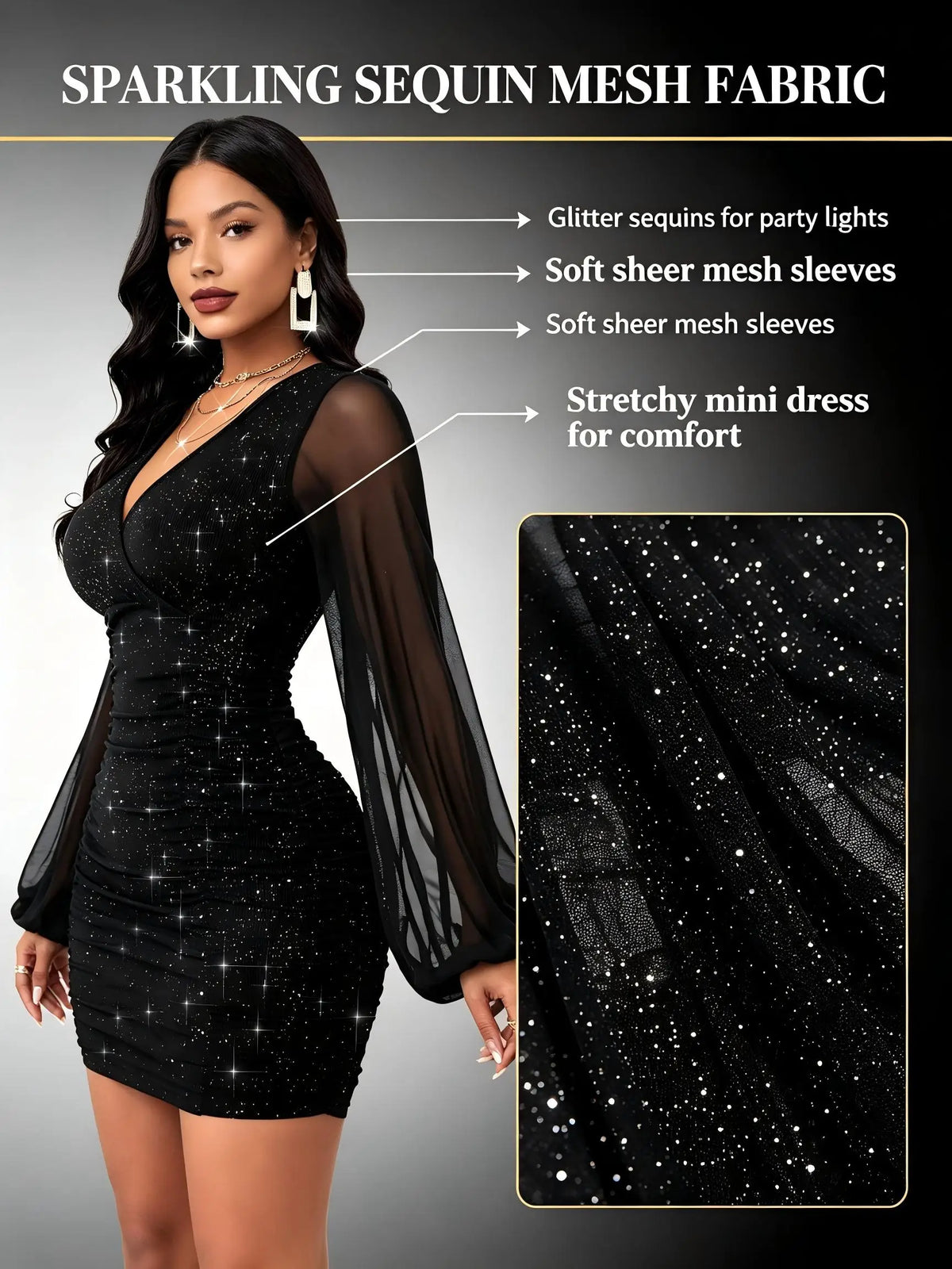 Women's Black Sequin Mini Dress with Sheer Mesh Sleeves – Ruched Bodycon Party Dress
