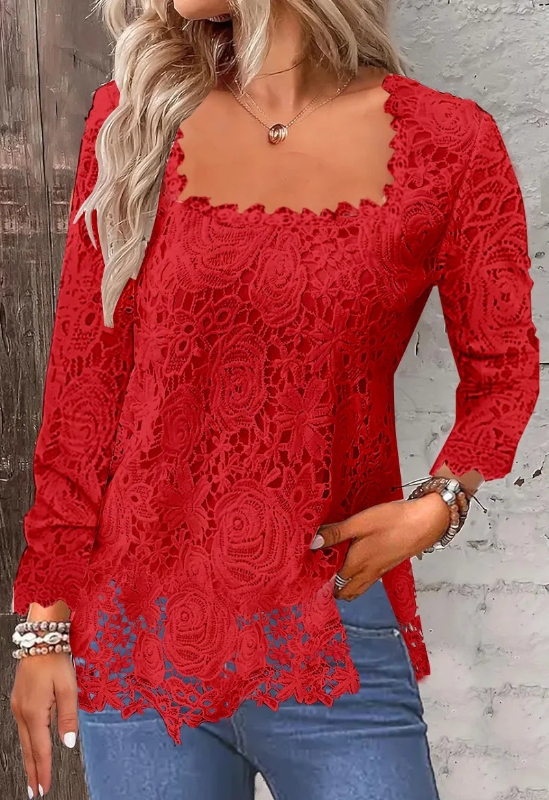 Square Neck Long Sleeve Lace Blouse Red Bazaare Mart Lace Blouse