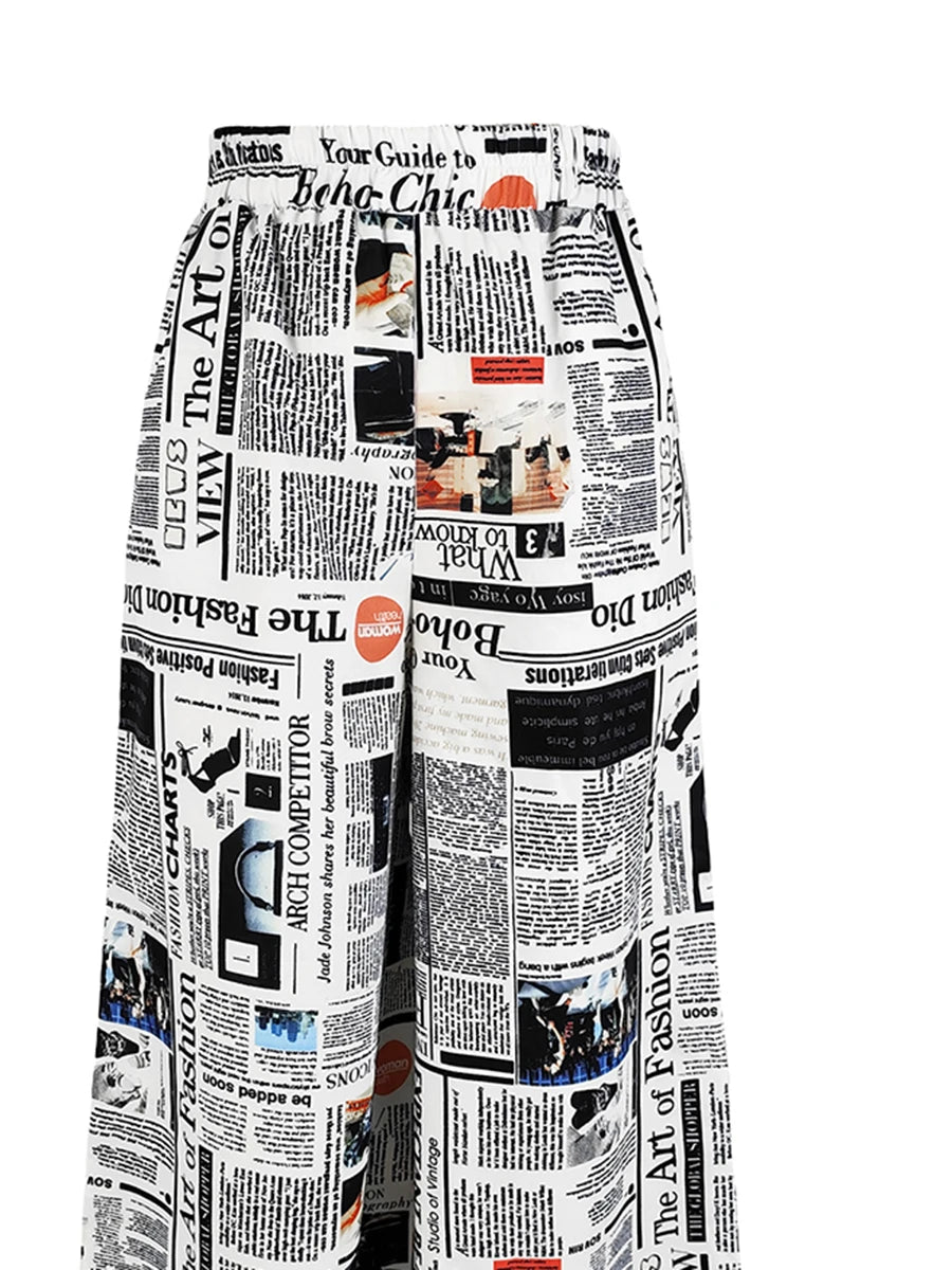 Vintage Newspaper Print Wide Leg Pants